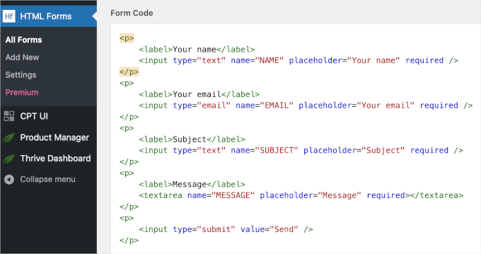 The form code editor in HTML Forms The form code editor in HTML Forms