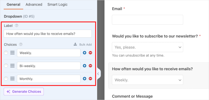 The configured second dropdown field in the Field Options tab for setting up conditional logic