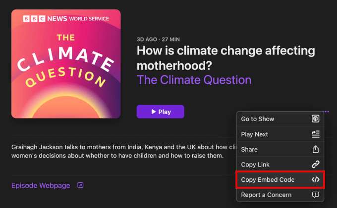 Copying an episode's embed code from its individual page Copying an episode's embed code from its individual page