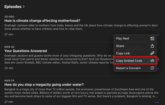 Copying an episode's embed code Copying an episode's embed code